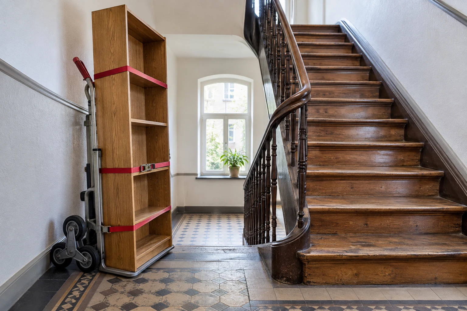 Schmales Treppenhaus mit einem gesicherten Möbelstück auf einer Treppenkarre.