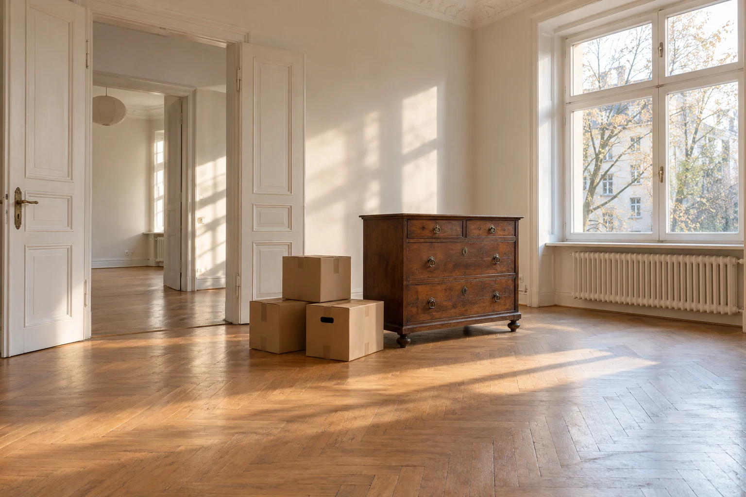 Ältere Wohnung mit Flügeltüren, einer Holzkommode und wenigen Umzugskartons.