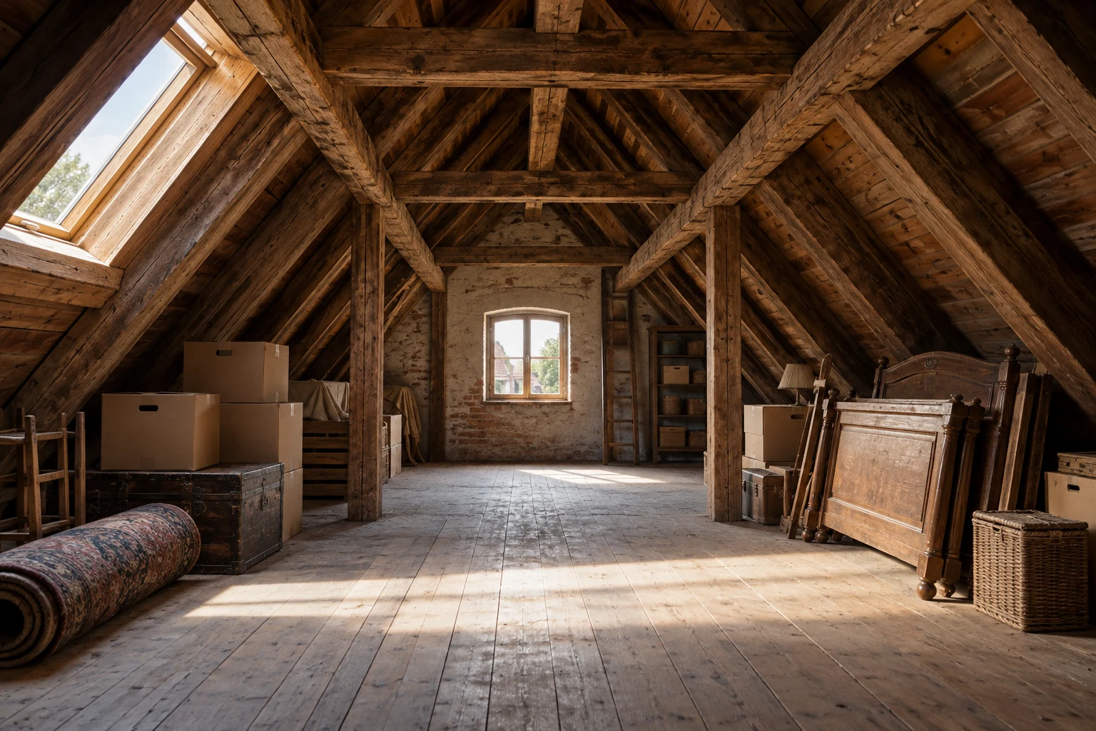 Dachboden mit sichtbaren Holzbalken, Kartons, Teppichrolle und zerlegtem Bett.