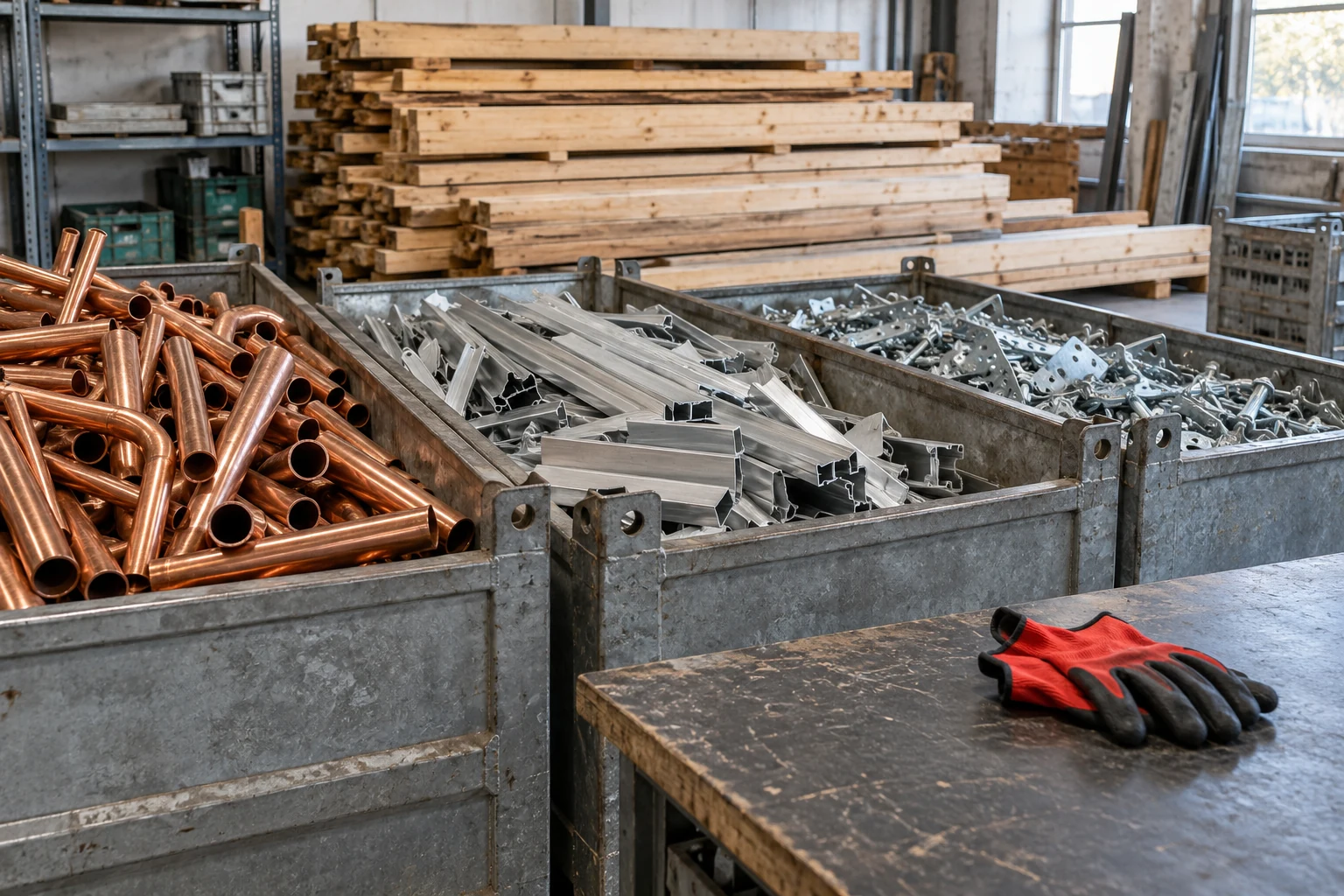Getrennt gesammelte Kupferrohre, Aluminiumprofile und Stahlteile in Sortierbehältern.