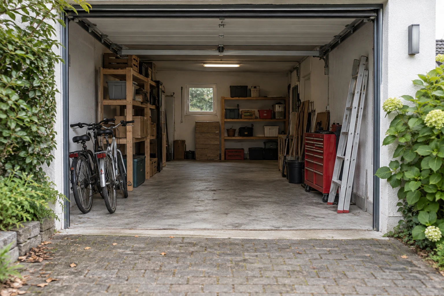 Geöffnete Garage mit Werkzeugwagen, Fahrrädern und freiem Transportweg.