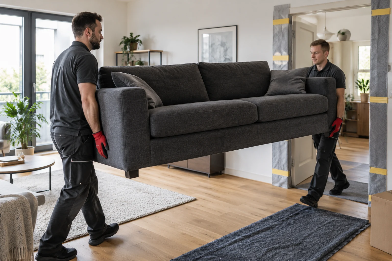 Zwei Räumungshelfer tragen ein Sofa durch einen geschützten Wohnungszugang.