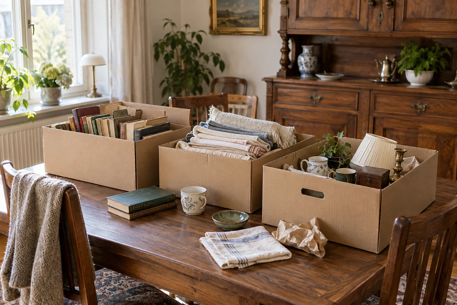 Kartons mit Büchern, Wäsche und Hausrat auf einem Holztisch.