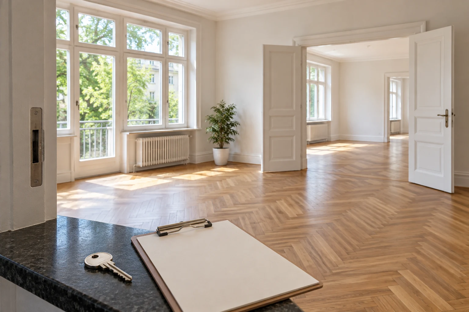 Leere Wohnung mit Parkett, offenen Flügeltüren und einem Schlüssel im Vordergrund.