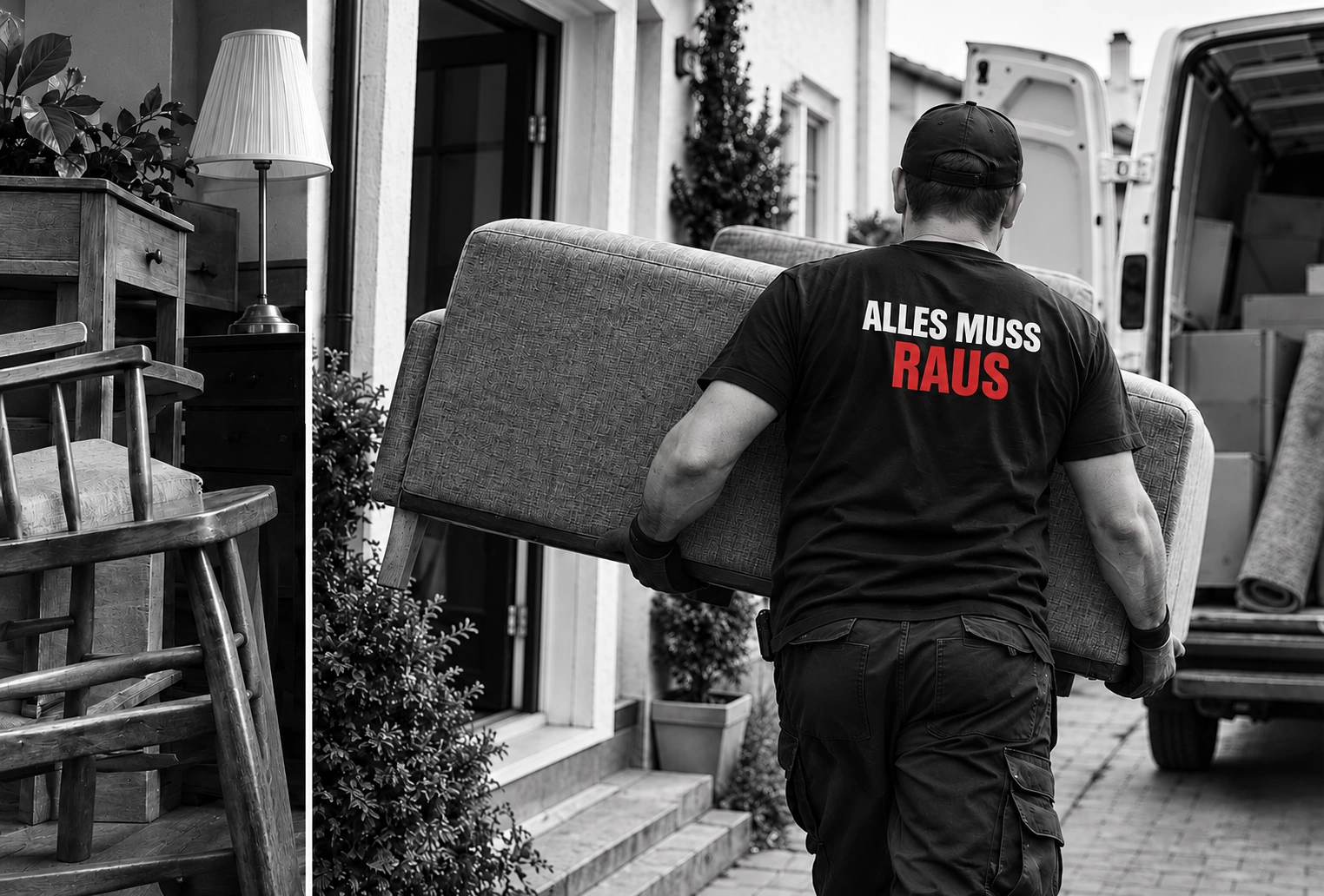 Mitarbeiter trägt ein Sofa zum Fahrzeug – Symbolbild