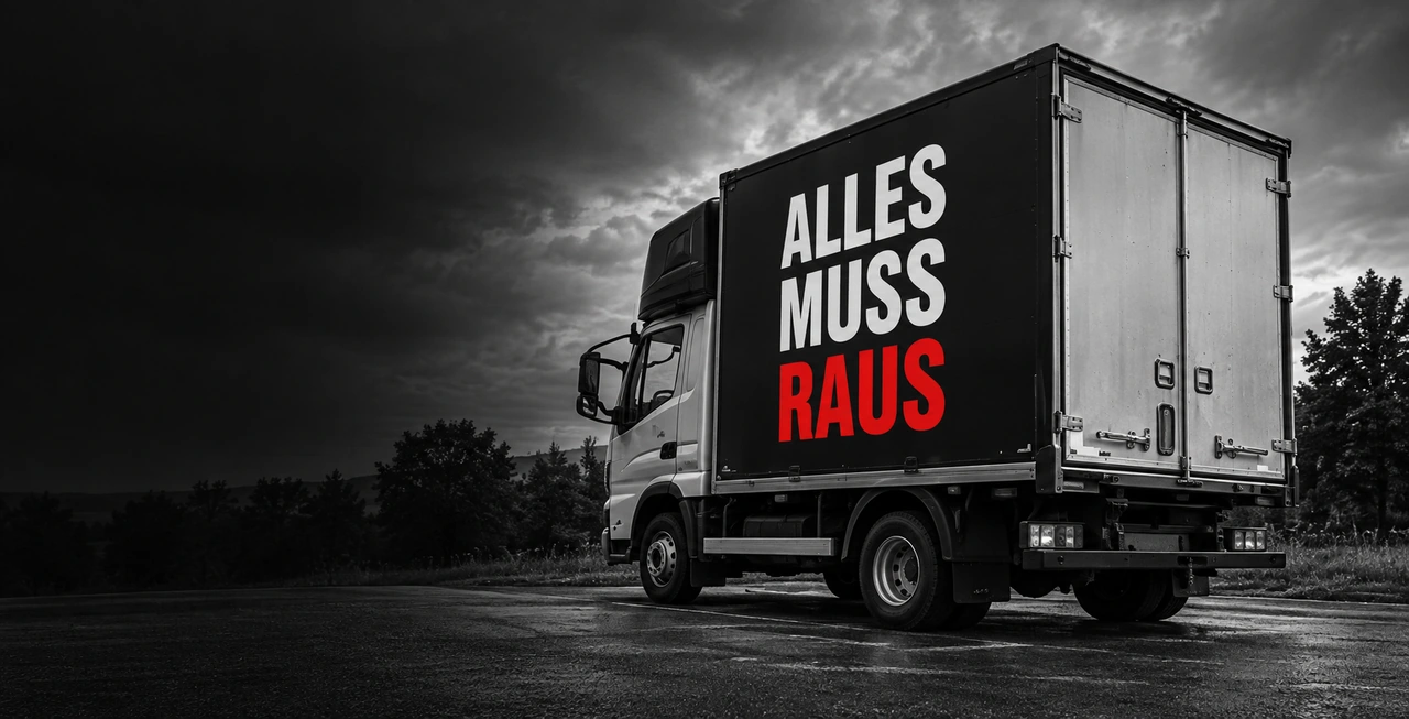 Transportfahrzeug mit Alles-Muss-Raus-Schriftzug – Symbolbild